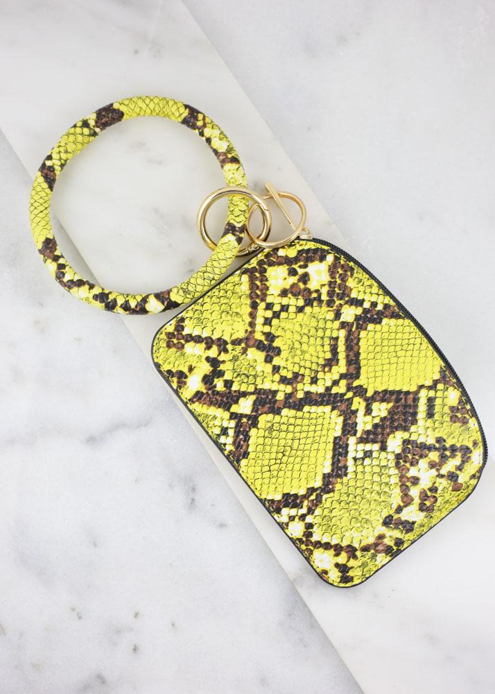 Audrina Snake Print Bracelet Keychain Pouch Neon Yellow